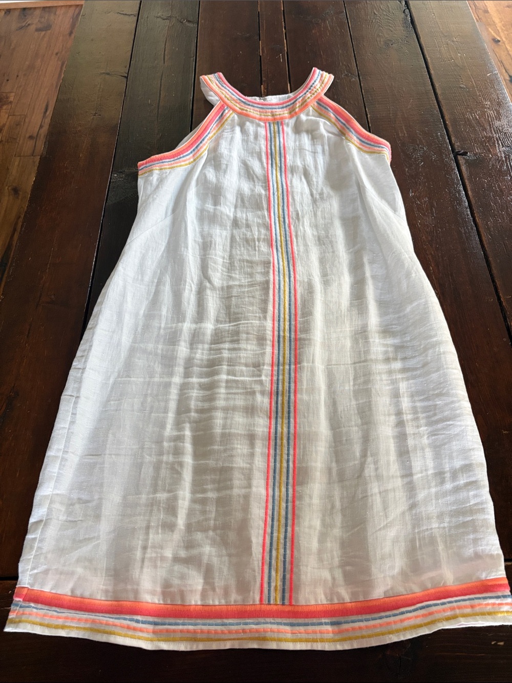 Boden White Midi Dress with Pink, Orange & Blue Stripe Trim